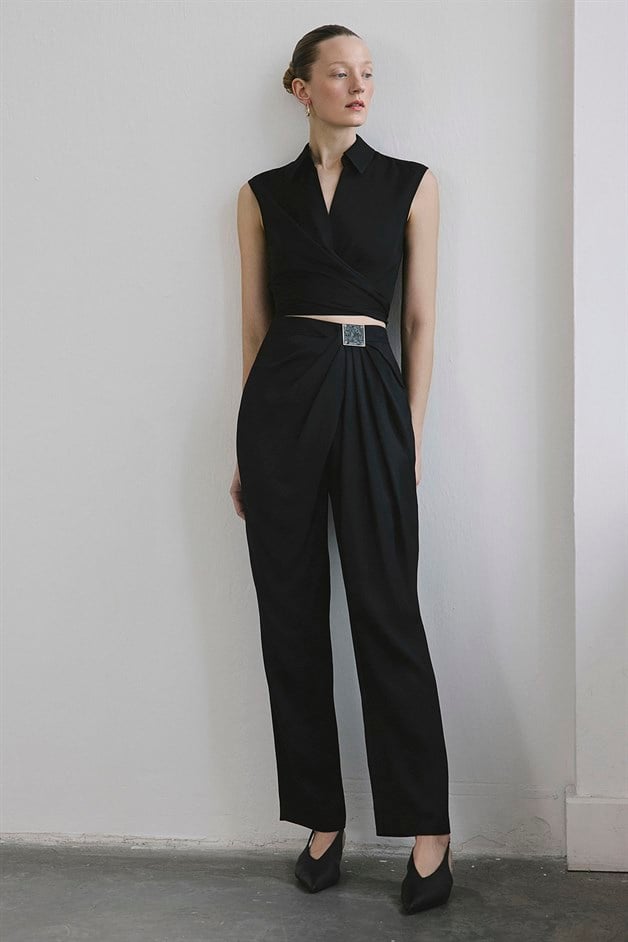 Front Pleated Linen Blend Black Trousers