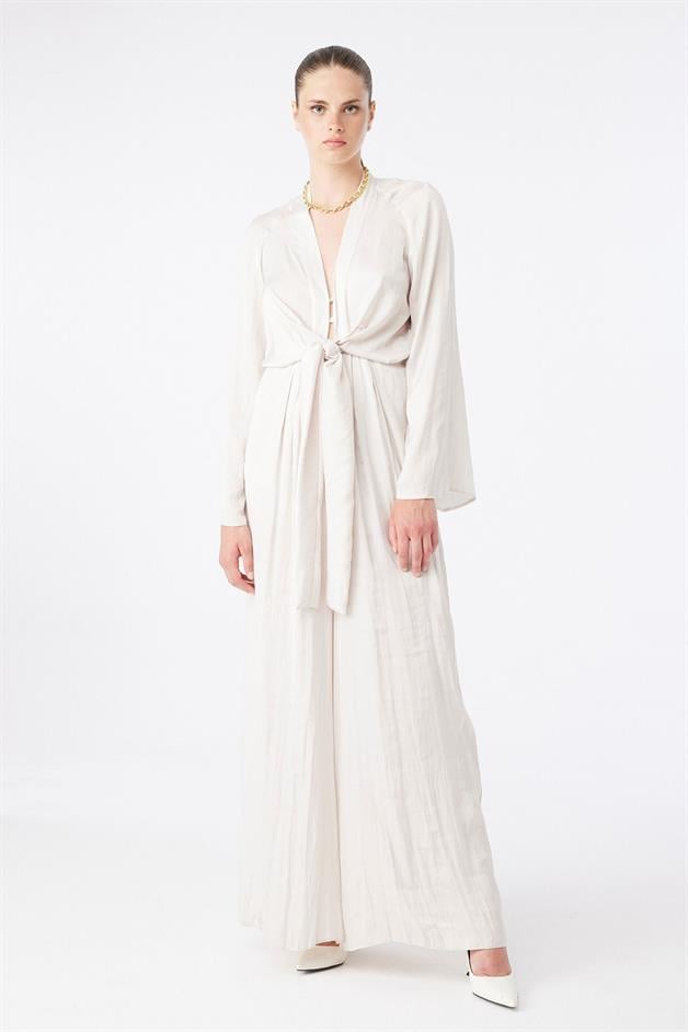 Önden Bağlamalı Rahat Form Bej Tulum