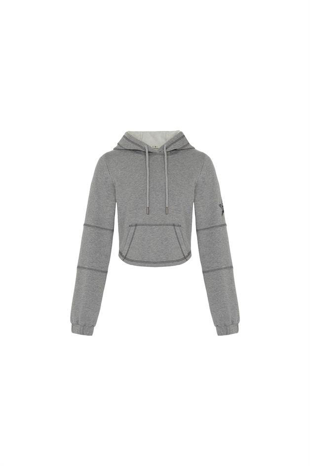 Önden Cepli Kapüşonlu Gri Sweatshirt