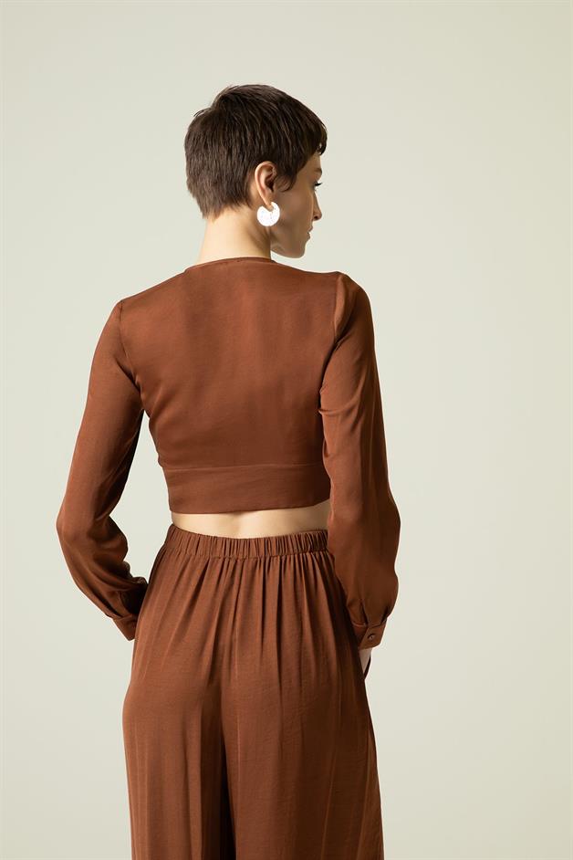 Double Front Tie Long Sleeve Brown Blouse