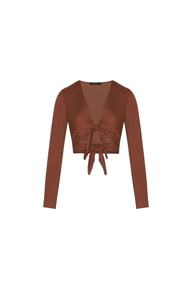Double Front Tie Long Sleeve Brown Blouse