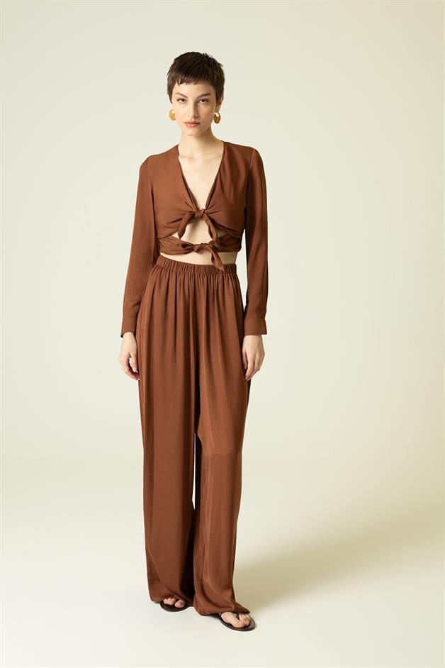 Double Front Tie Long Sleeve Brown Blouse