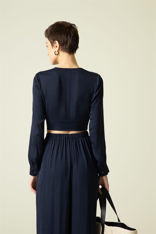 Double Front Tie Long Sleeve Navy Blouse