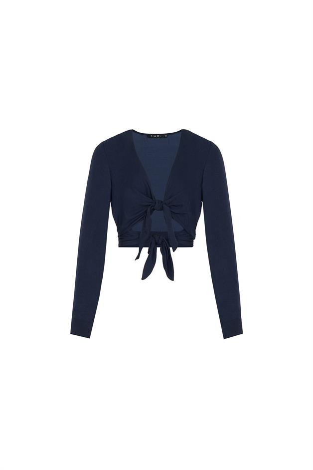 Double Front Tie Long Sleeve Navy Blouse