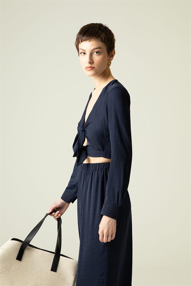 Double Front Tie Long Sleeve Navy Blouse