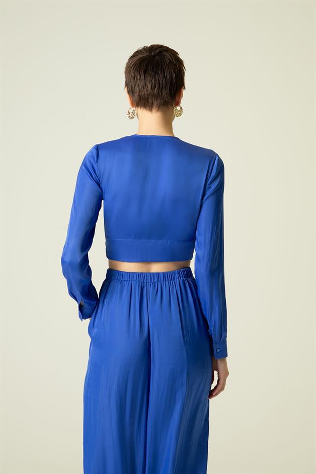 Double Front Tie Long Sleeve Cobalt Blouse