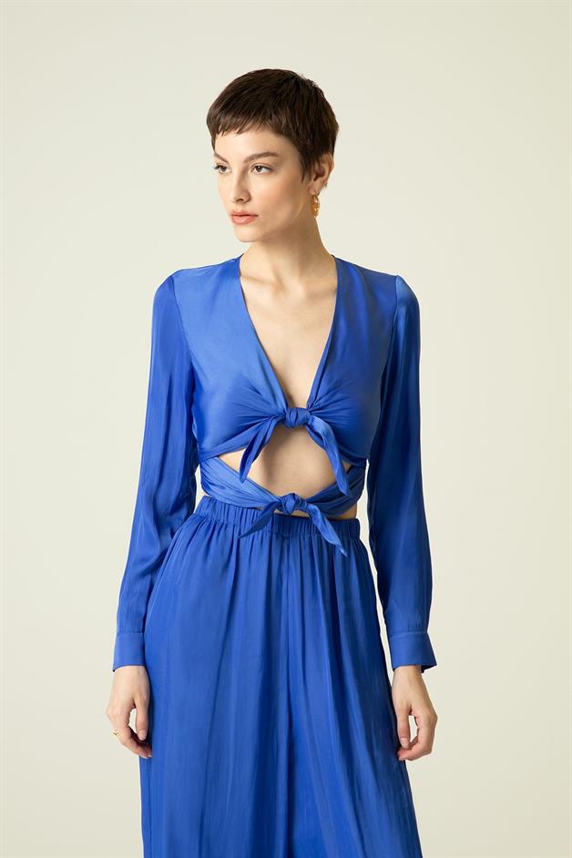 Double Front Tie Long Sleeve Cobalt Blouse