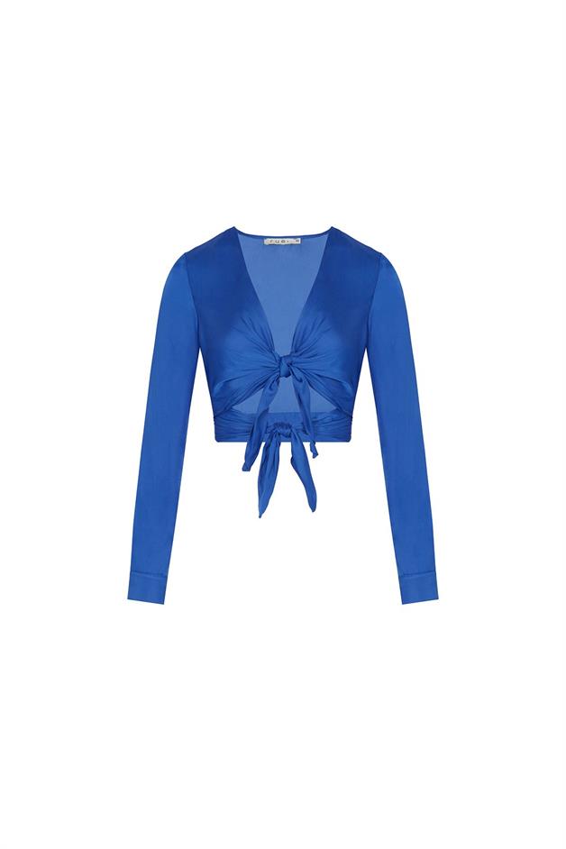 Double Front Tie Long Sleeve Cobalt Blouse