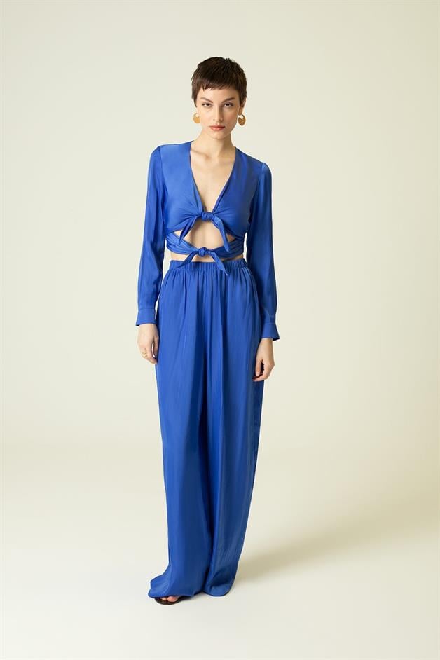 Double Front Tie Long Sleeve Cobalt Blouse