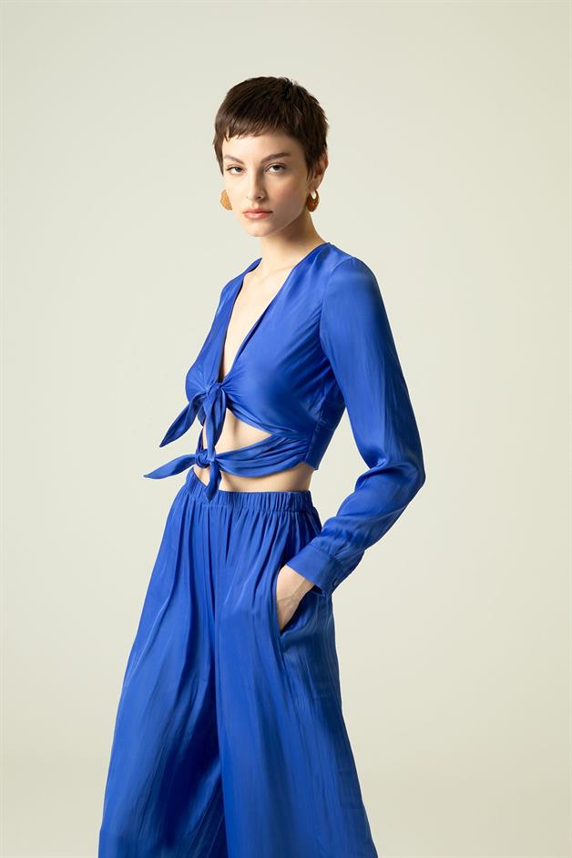Double Front Tie Long Sleeve Cobalt Blouse