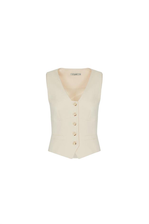 Front Button Sleeveless Ecru Vest