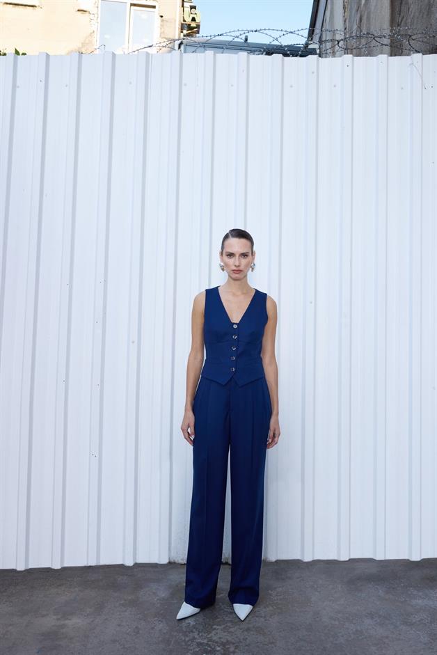 Front Button Sleeveless Navy Vest