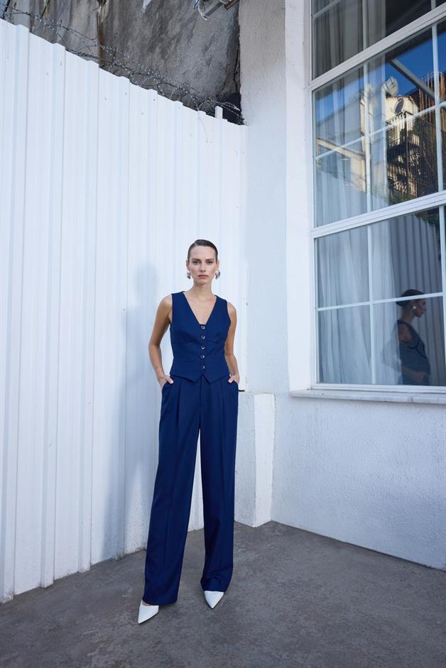 Front Button Sleeveless Navy Vest