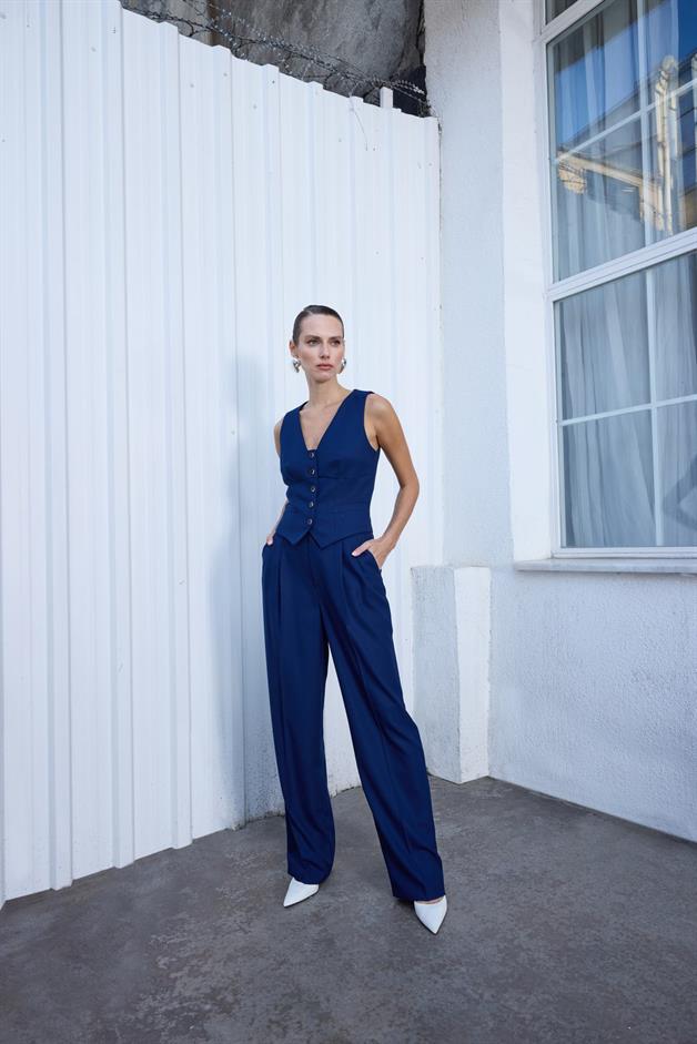 Front Button Sleeveless Navy Vest