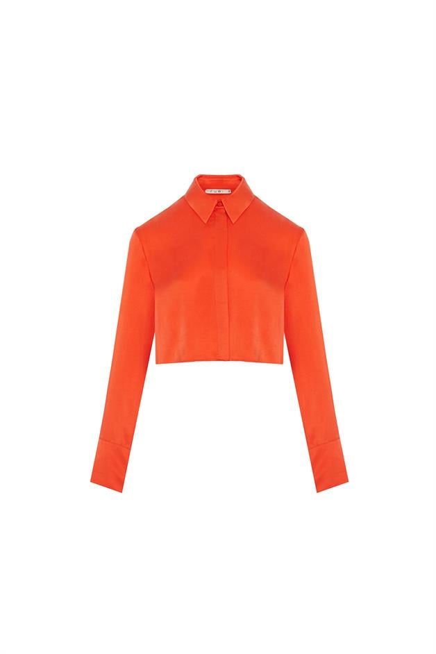 Front Buttoned Relaxed Fit Coral Crop Shirt