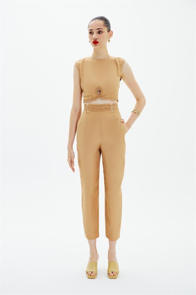 Örgü Kemerli Yüksek Bel Camel Pantolon