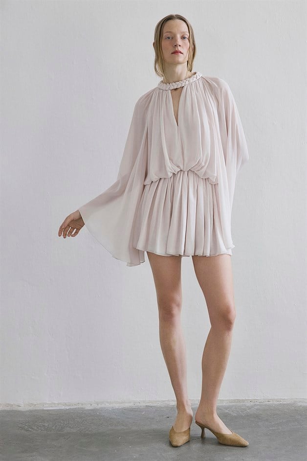 Örgü Yaka Volan Kollu Mini Taş Elbise