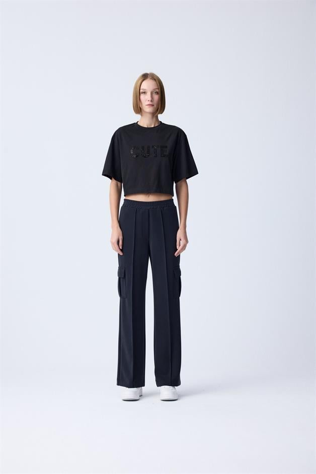 Sequin Detail Black Crop T-Shirt