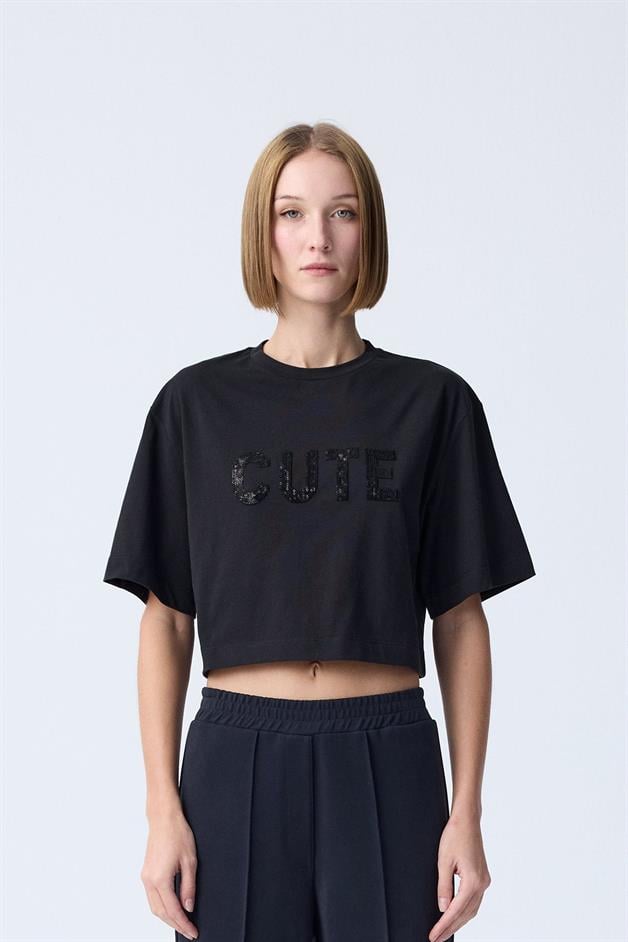 Sequin Detail Black Crop T-Shirt