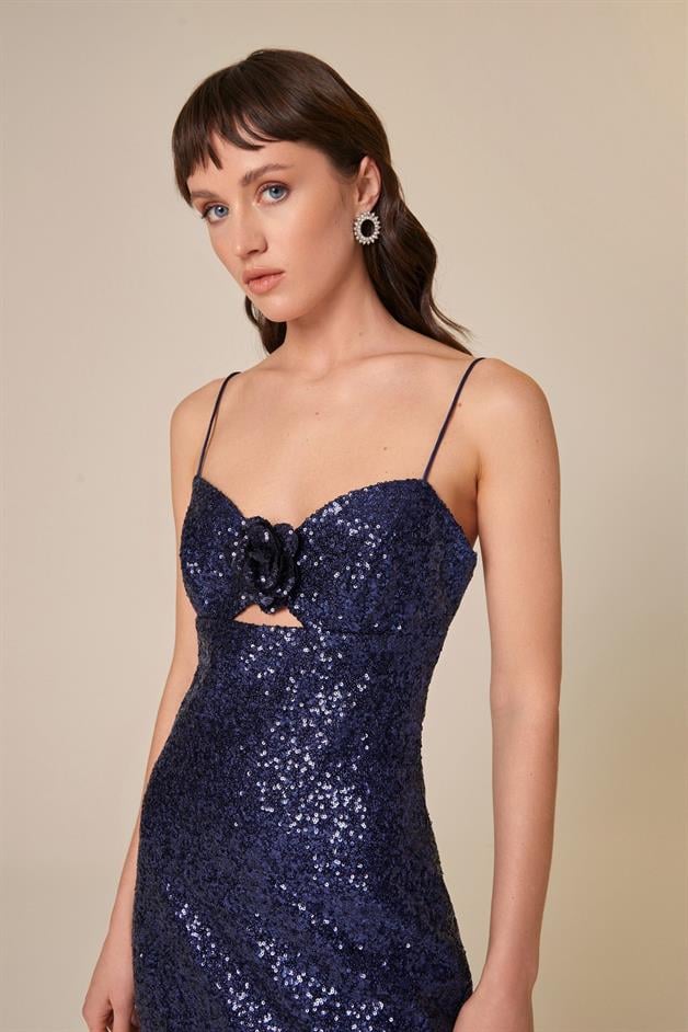 Payetli Lacivert Mini Elbise