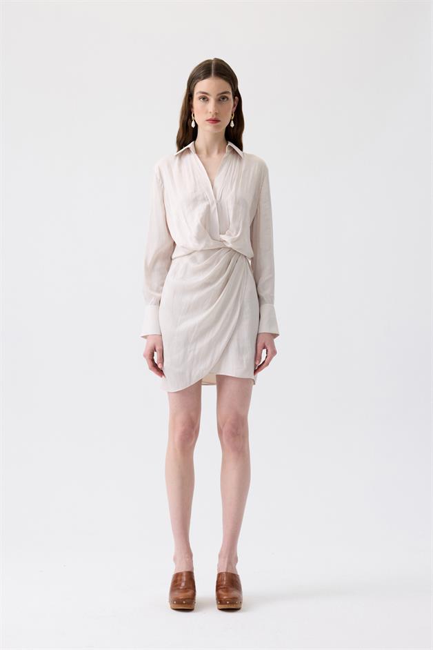 Pleated Wrap Ecru Mini Dress