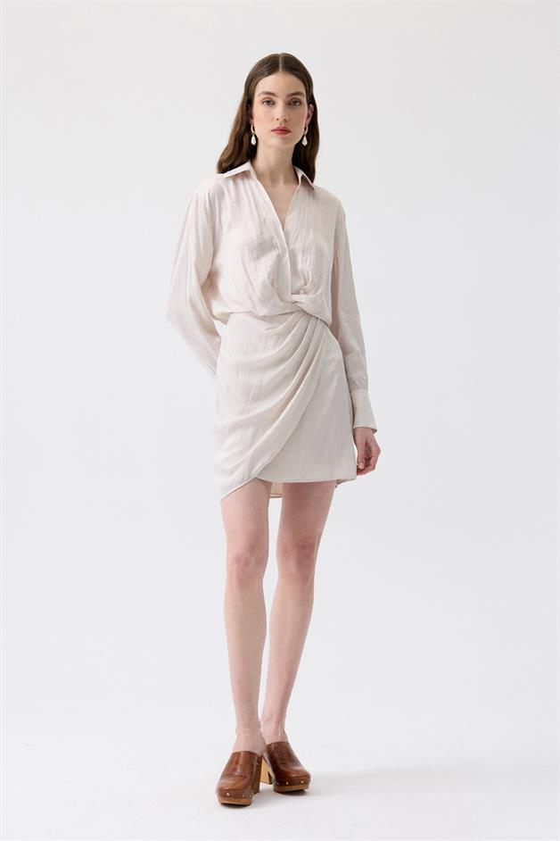 Pleated Wrap Ecru Mini Dress
