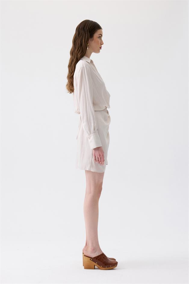 Pleated Wrap Ecru Mini Dress