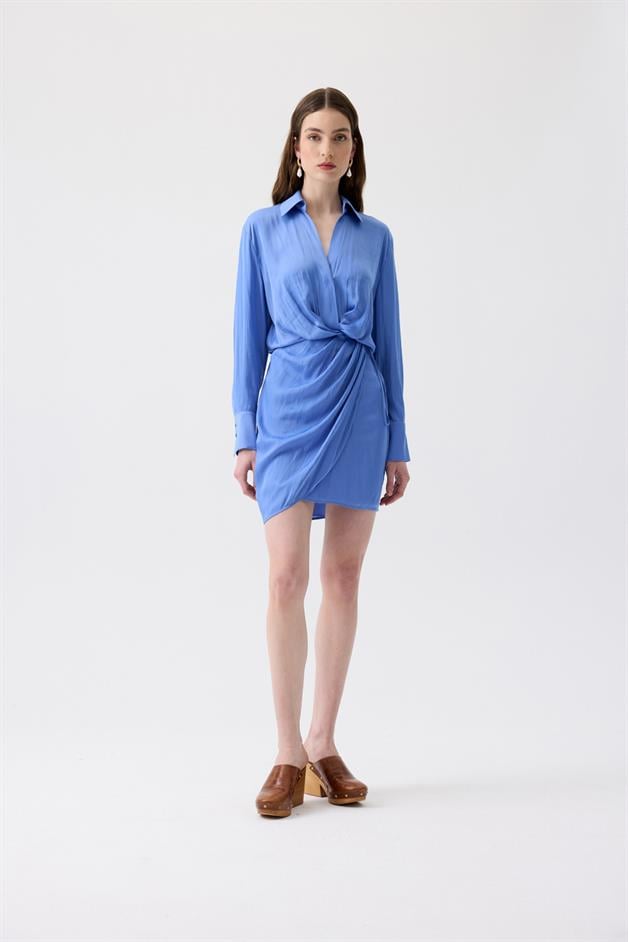 Pleated Wrap Blue Mini Dress