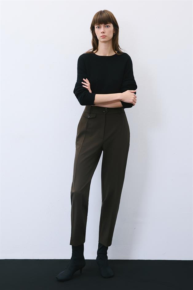 Khaki High Waist Slim Pleated Pants