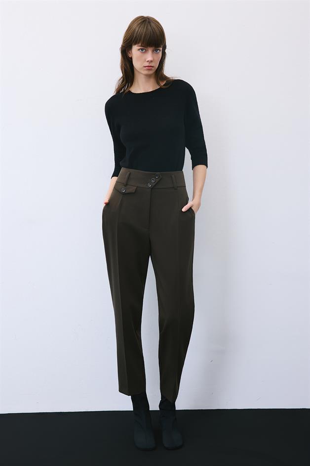 Khaki High Waist Slim Pleated Pants