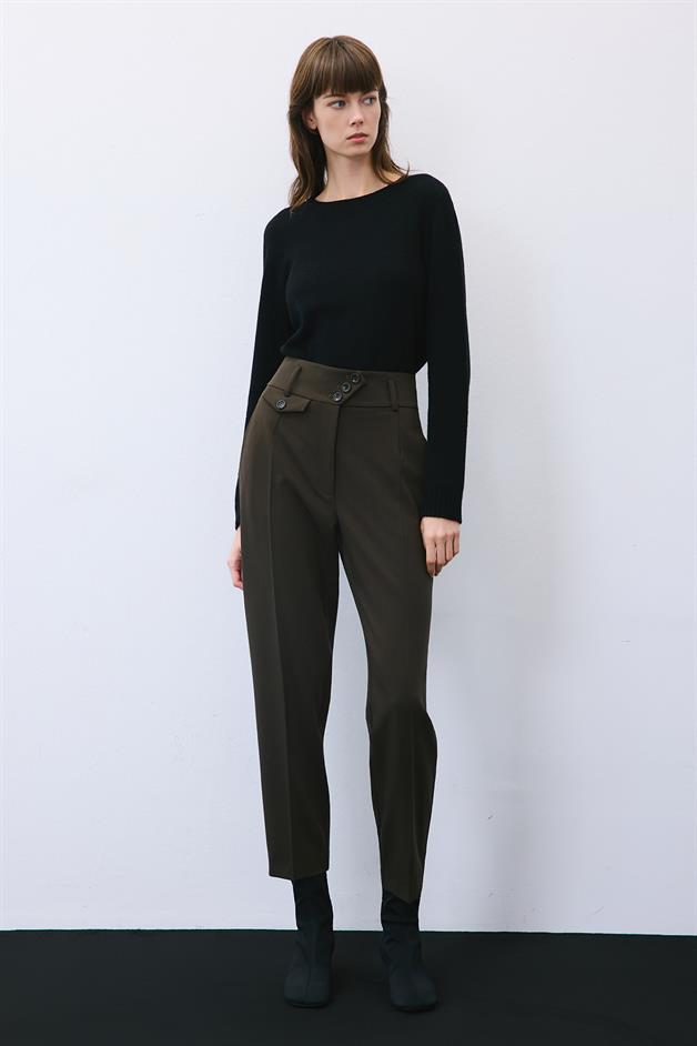 Khaki High Waist Slim Pleated Pants