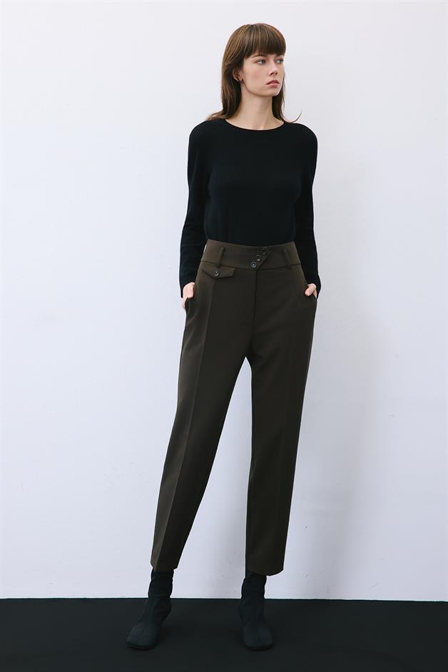 Khaki High Waist Slim Pleated Pants