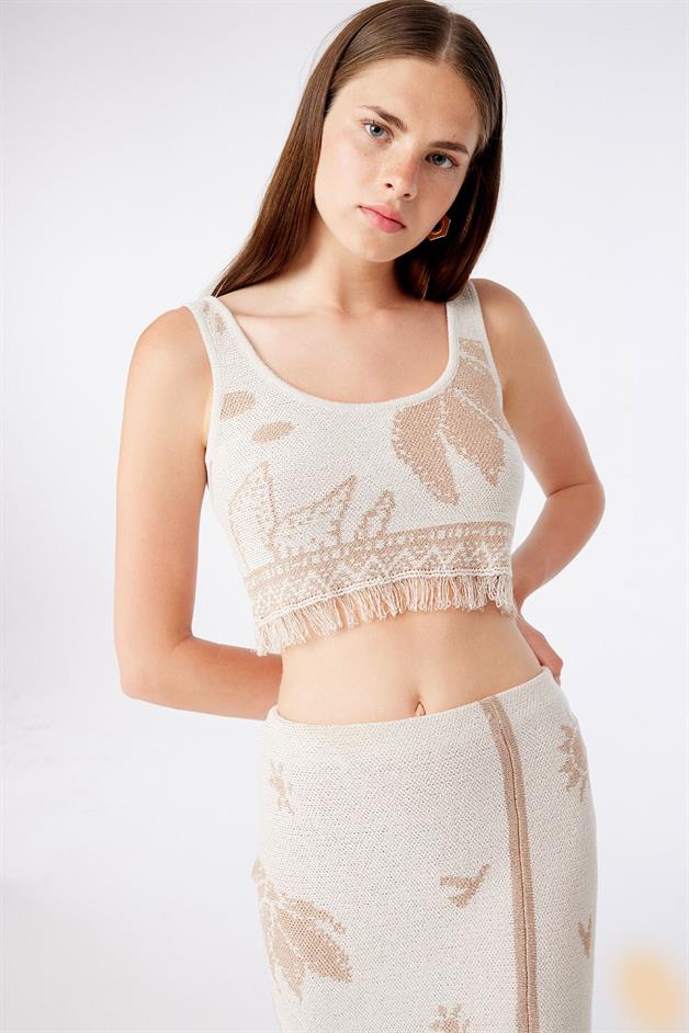 Fringe Detail Strappy Ecru Crop Top