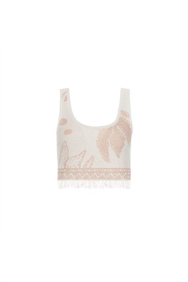 Fringe Detail Strappy Ecru Crop Top