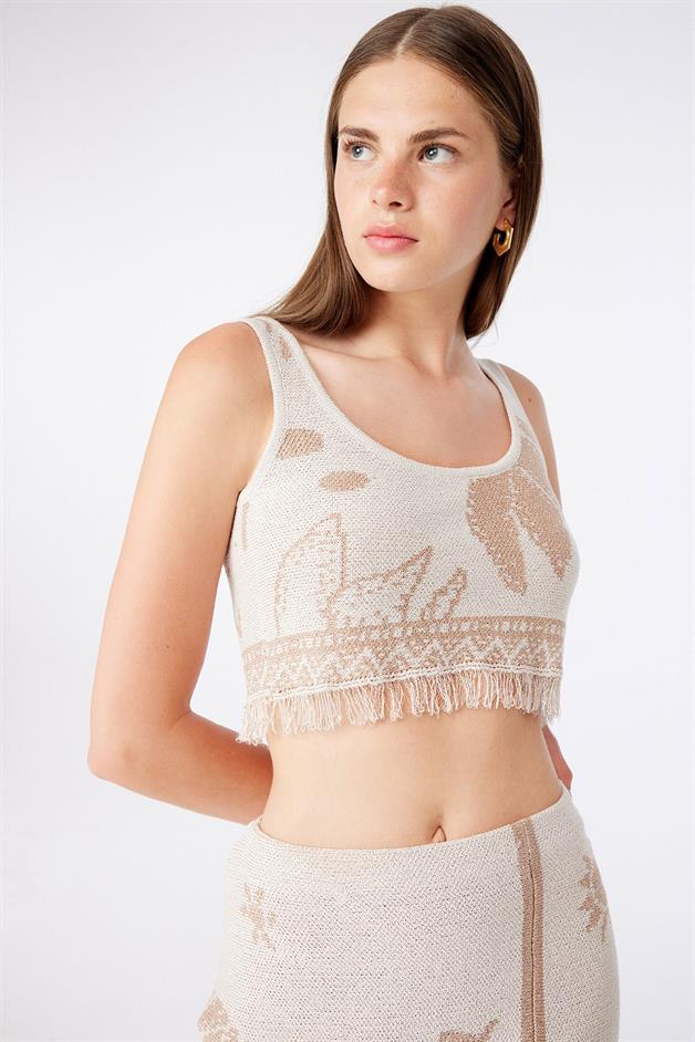 Fringe Detail Strappy Ecru Crop Top
