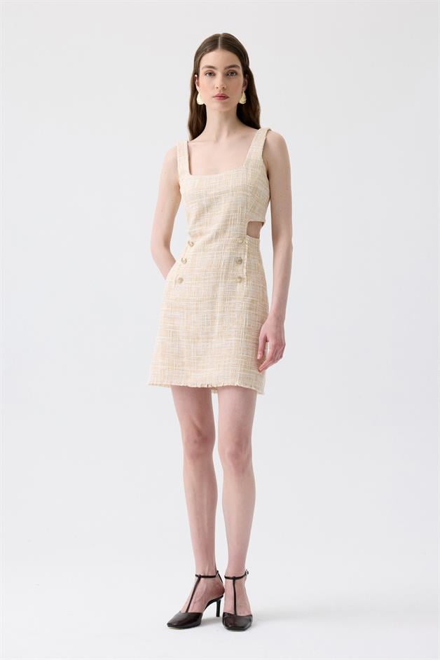 Fringed Detail Waist Cut-Out Beige Mini Dress