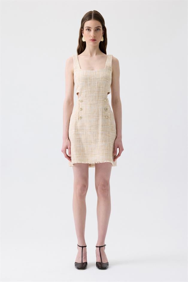 Fringed Detail Waist Cut-Out Beige Mini Dress