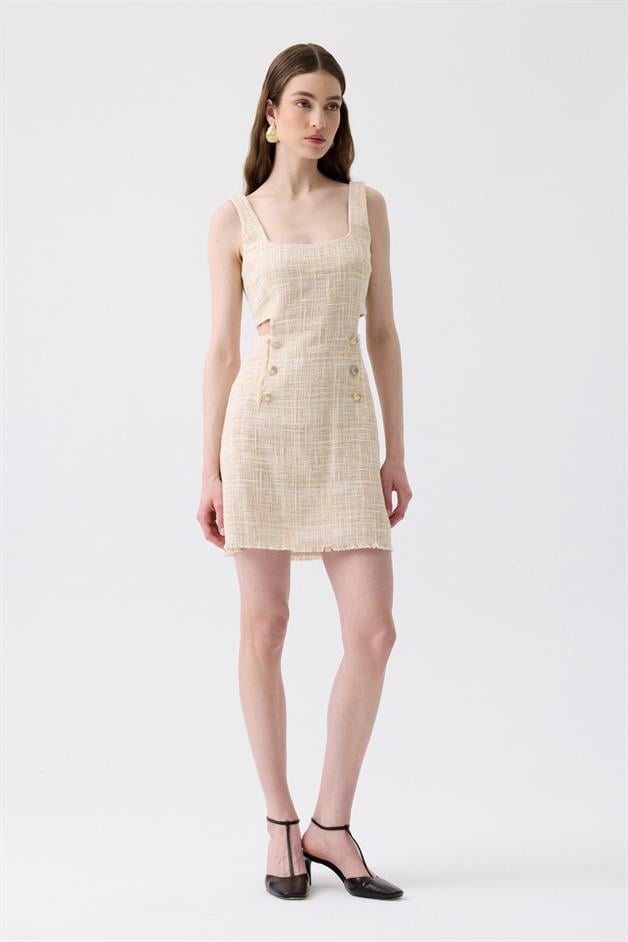 Fringed Detail Waist Cut-Out Beige Mini Dress