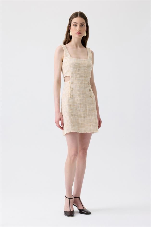 Fringed Detail Waist Cut-Out Beige Mini Dress