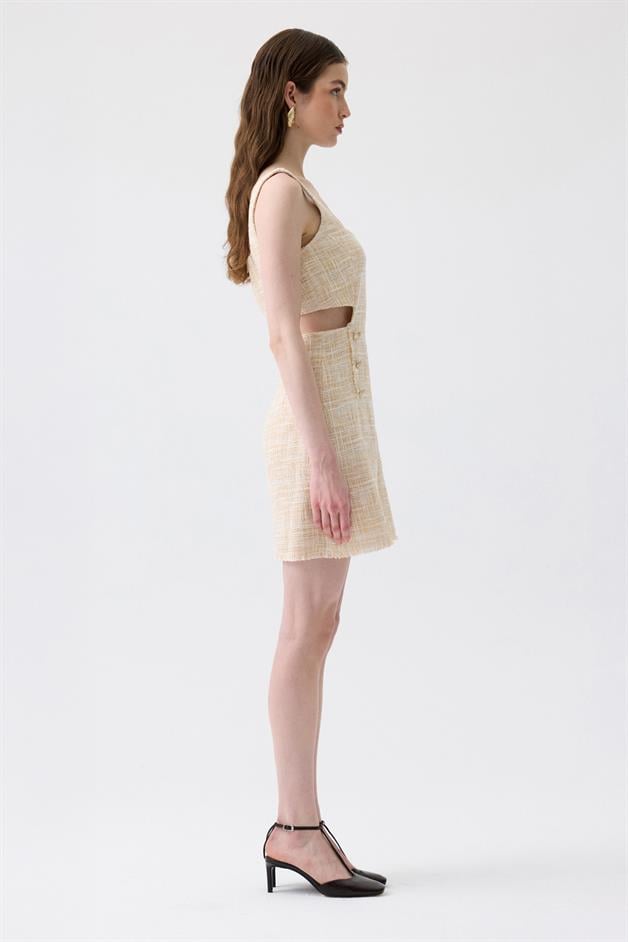 Fringed Detail Waist Cut-Out Beige Mini Dress