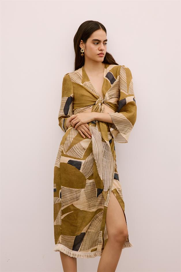 Fringe Detailed Patterned Camel Pareo
