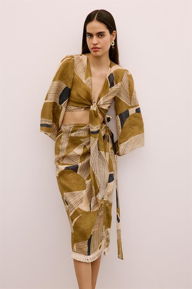 Fringe Detailed Patterned Camel Pareo