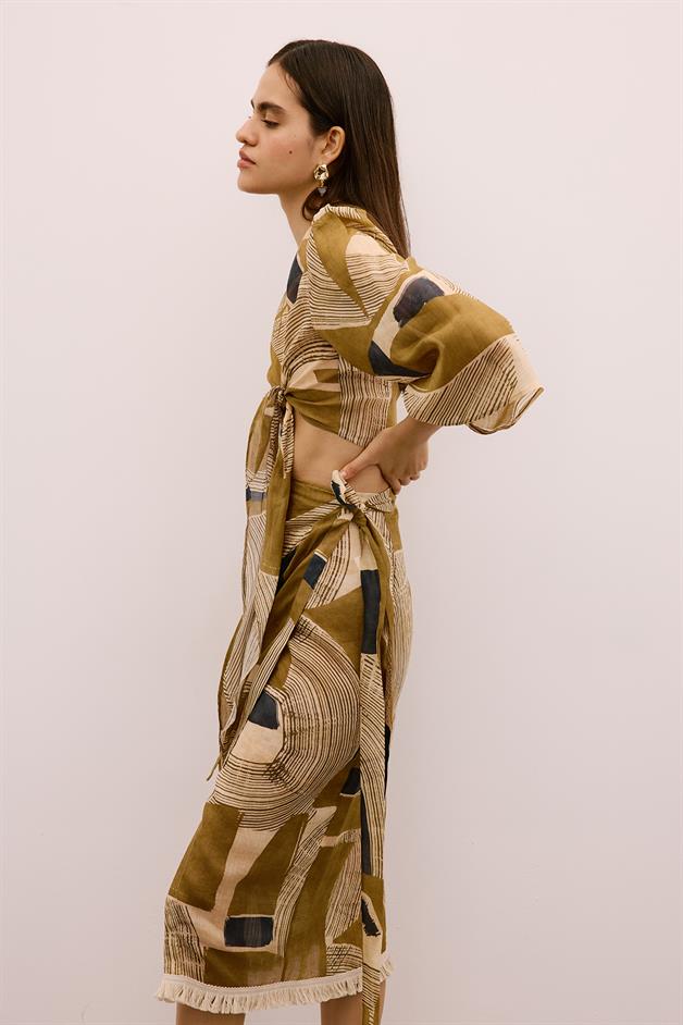Fringe Detailed Patterned Camel Pareo