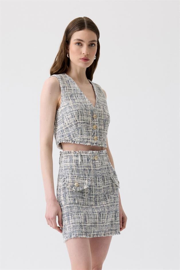 Fringed Detail Tweed Navy Blue Vest