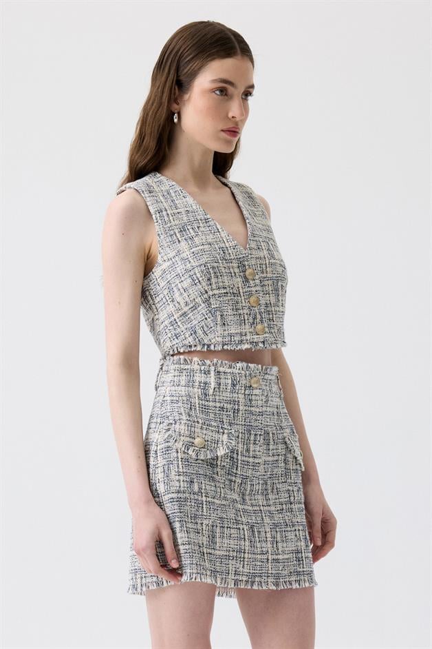 Fringed Detail Tweed Navy Blue Vest