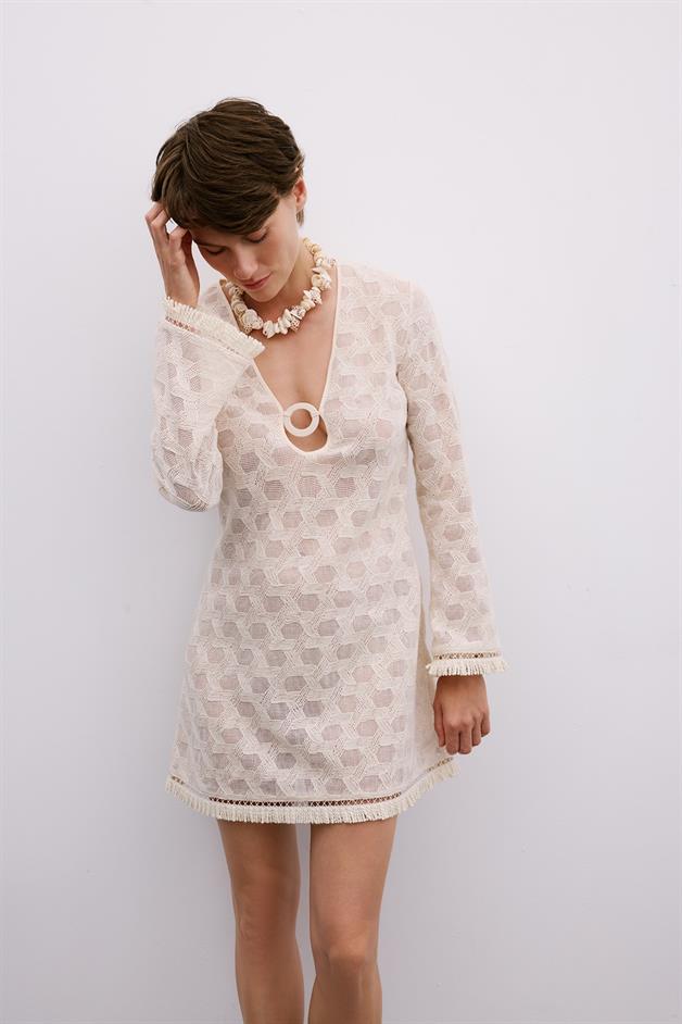 Fringe Detail Long Sleeve Mini Ecru Dress