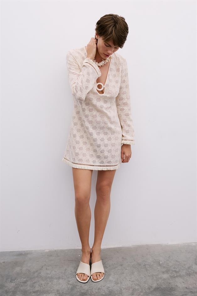 Fringe Detail Long Sleeve Mini Ecru Dress
