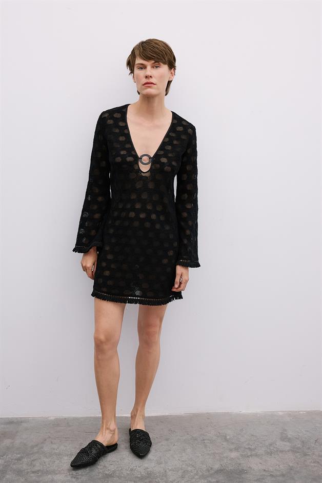 Fringe Detail Long Sleeve Mini Black Dress