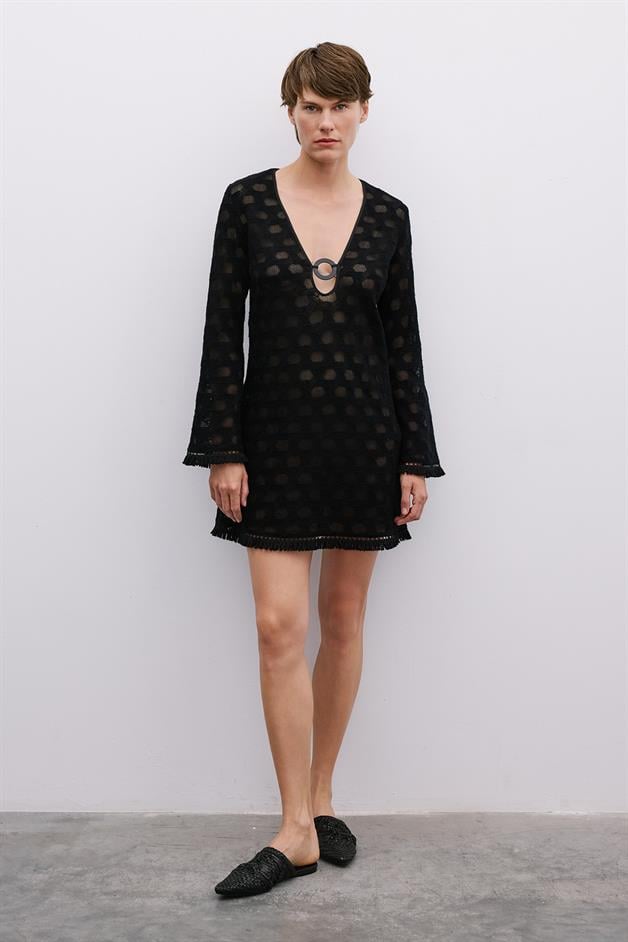 Fringe Detail Long Sleeve Mini Black Dress