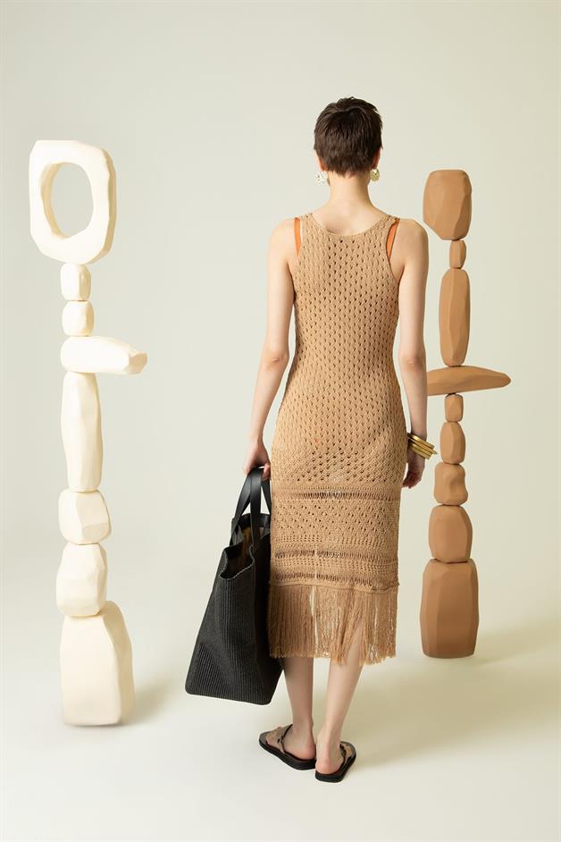 Fringe Detail V-Neck Beige Beach Dress